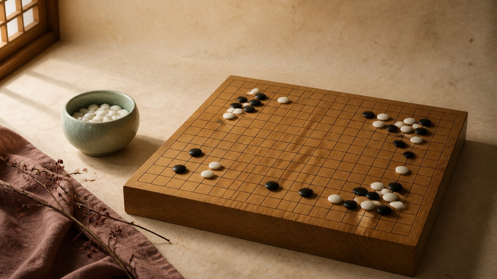AI-generated editorial still life of a wooden baduk board with black and white stones and a celadon bowl on warm paper tones