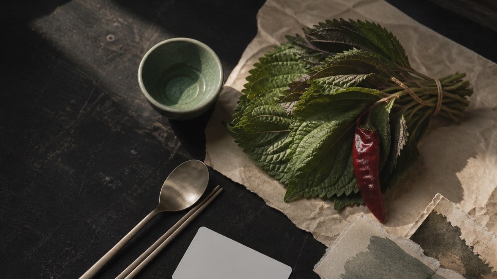 A Korean field-note table with perilla leaves, tableware, paper and a decorative knot
