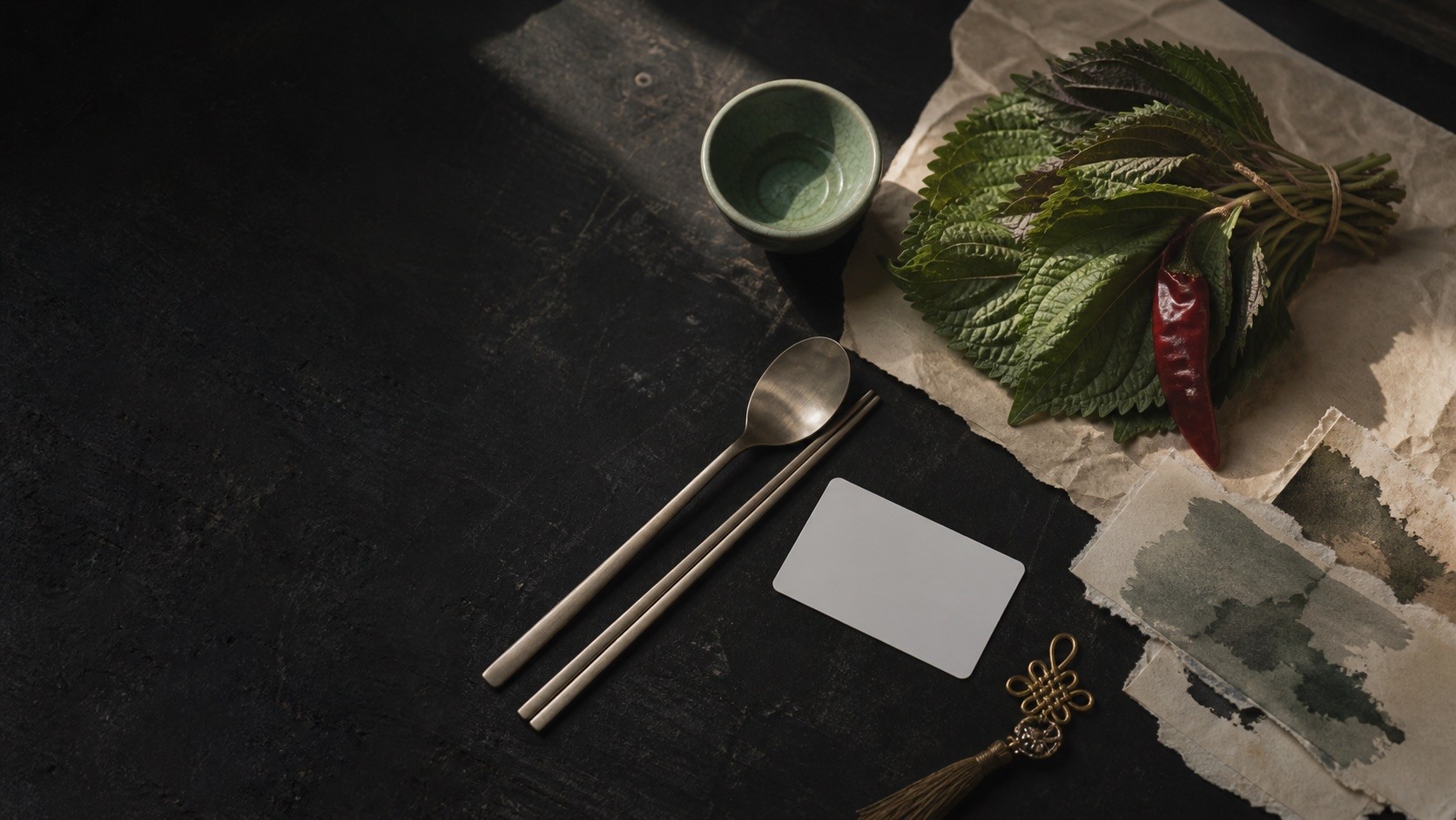 Perilla leaves, a celadon cup, Korean stainless cutlery, hanji paper and a blank transit card arranged on a dark table