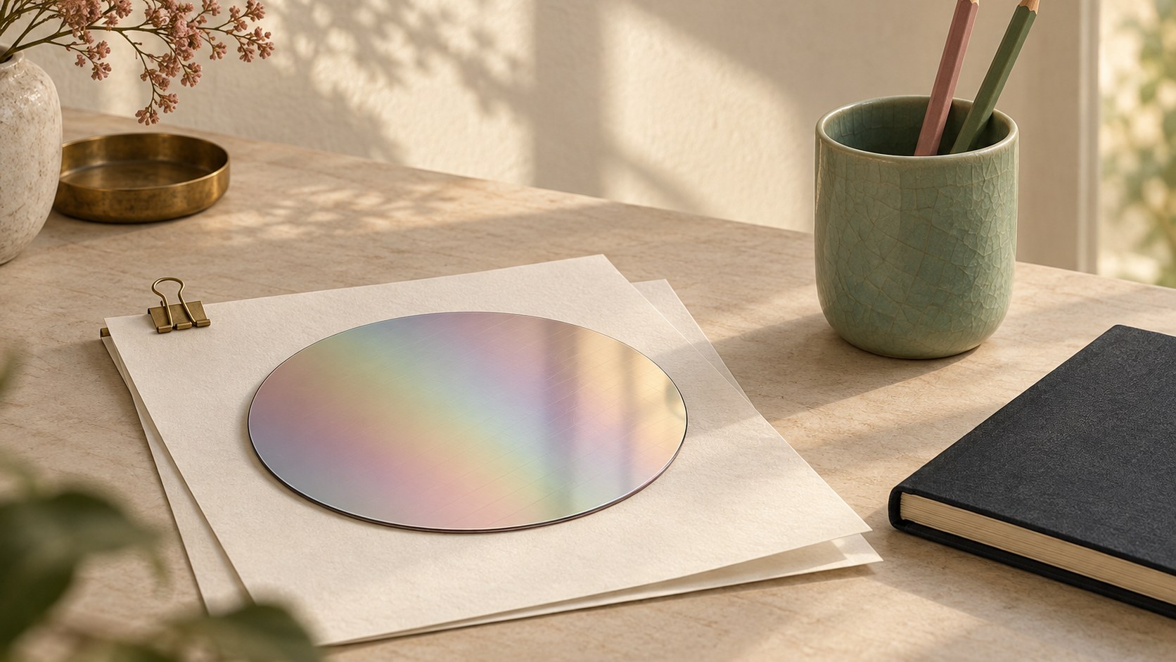 Editorial still life of a blank iridescent silicon wafer resting on two clipped sheets of plain cream paper, beside a celadon cup of pencils and a closed dark notebook