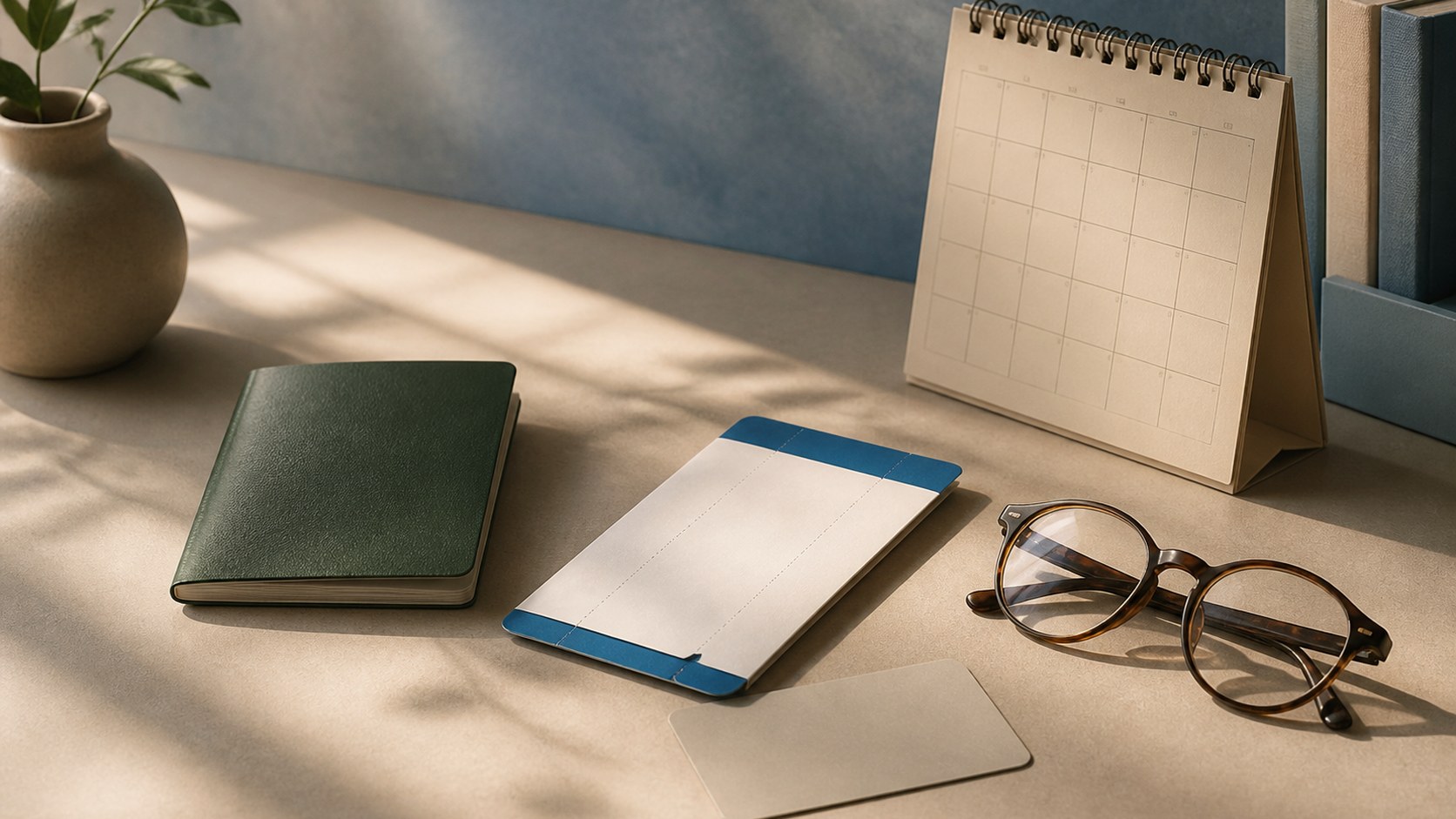 AI-generated editorial still life of a closed passport, a folded boarding pass, a blank card, a desk calendar and reading glasses on a sunlit desk