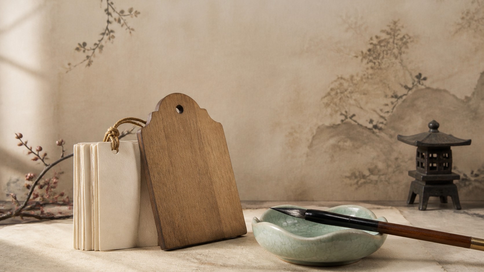 AI-generated editorial still life of a blank wooden plaque, blank paper tags on a cord, a calligraphy brush on a celadon dish and a miniature stone lantern