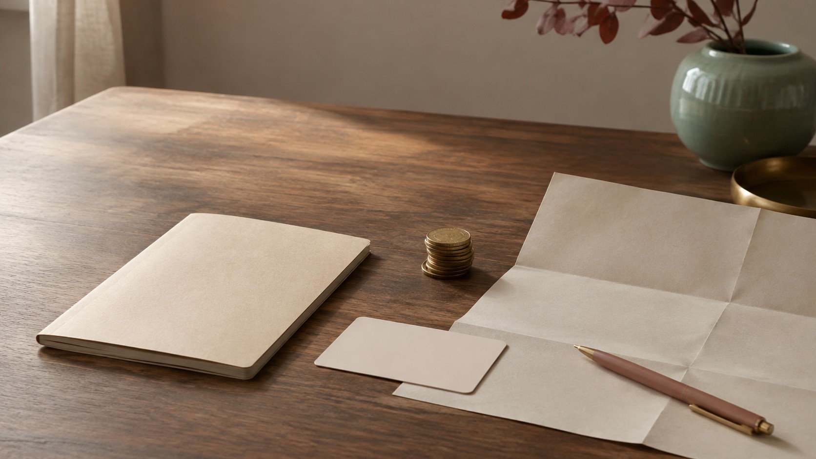 AI-generated editorial still life of a blank bankbook-shaped booklet, a blank card, a small stack of coins, a folded paper form and a pen on a wooden desk