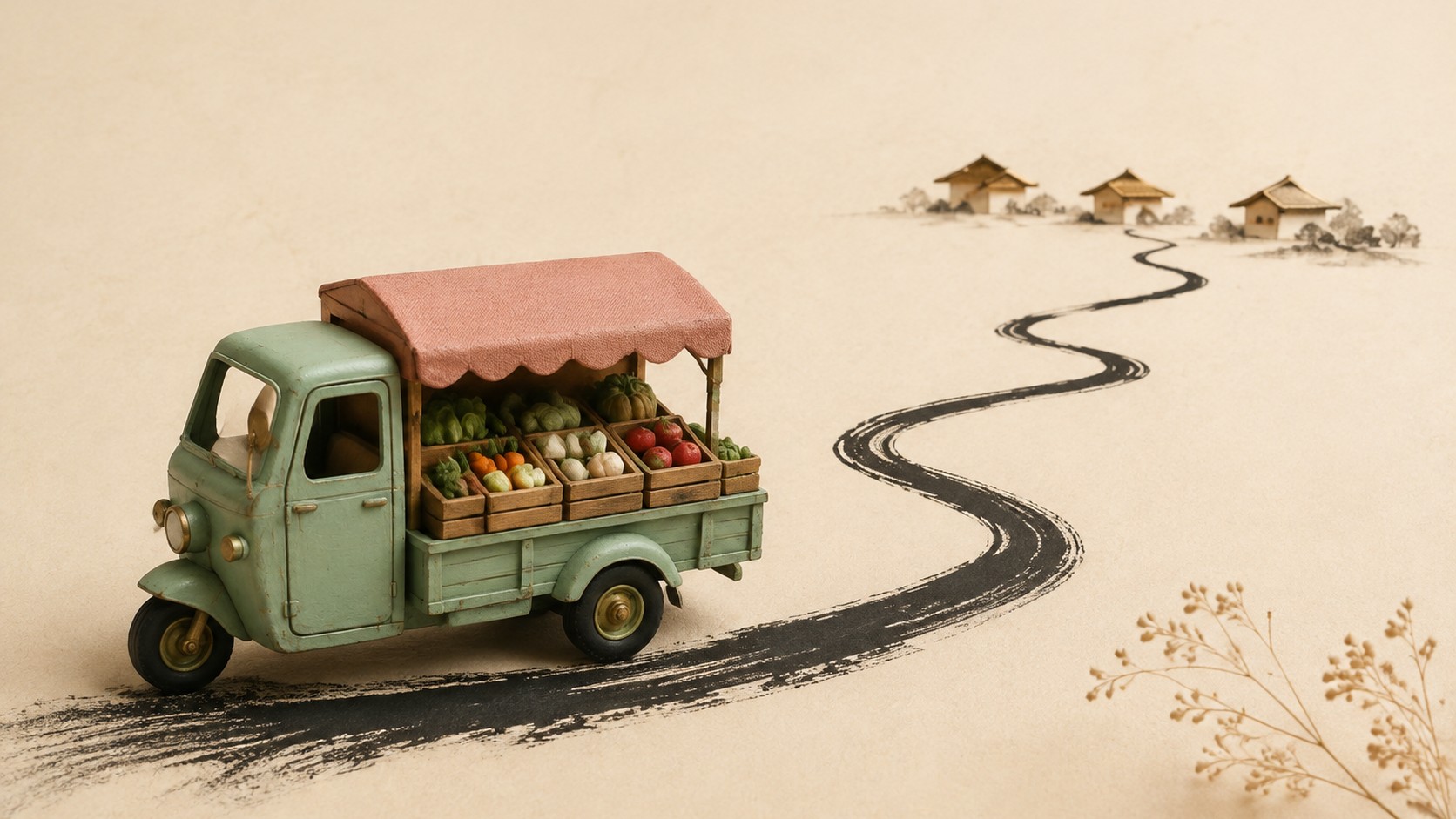 AI-generated editorial still life of a miniature celadon delivery truck carrying tiny crates of vegetables along an ink brush-stroke road toward stylized village roofs