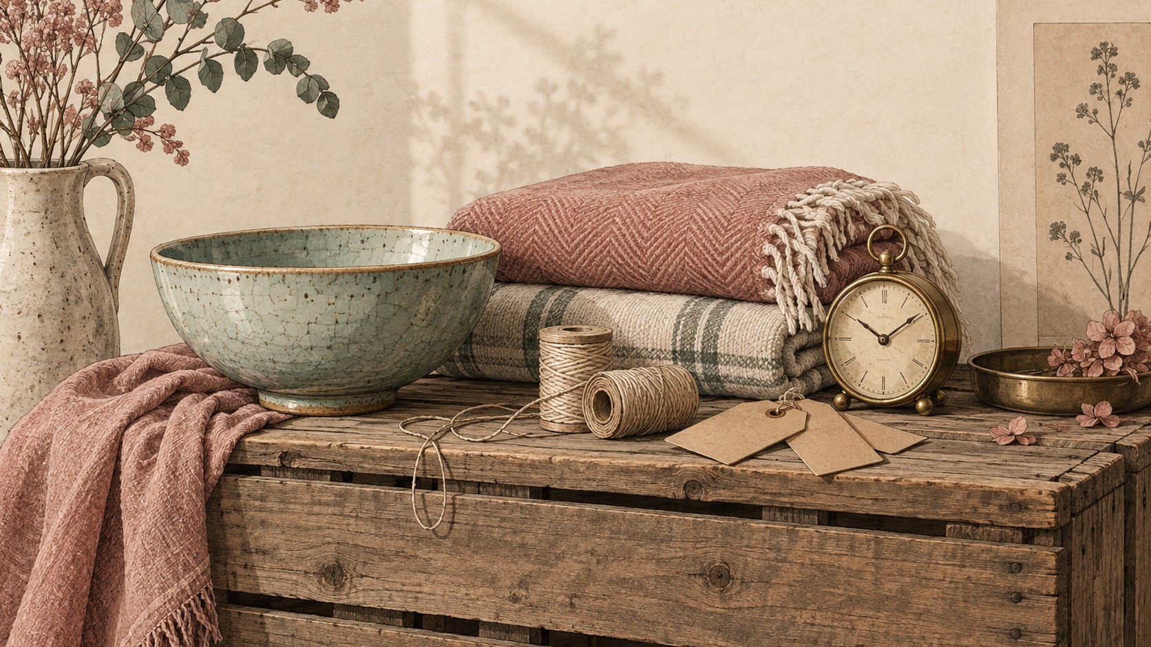 Editorial still life of secondhand household objects on a wooden crate: a celadon bowl, folded blankets, twine spools, blank kraft tags and a small brass alarm clock