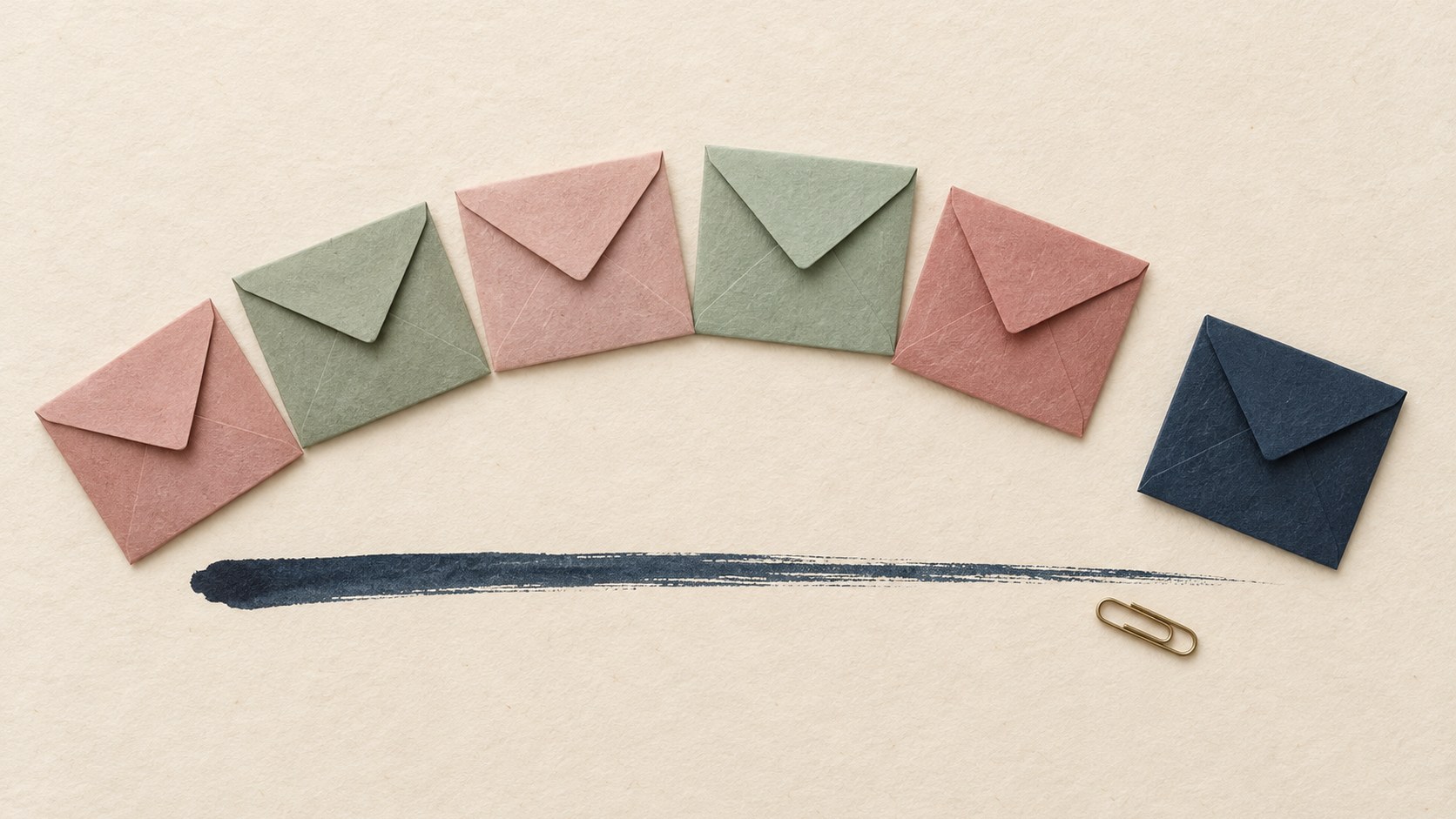 Editorial still life of six small paper envelopes fanned across warm cream paper, five in rose and celadon and one in deep ink blue set apart, above a single dark ink brushstroke