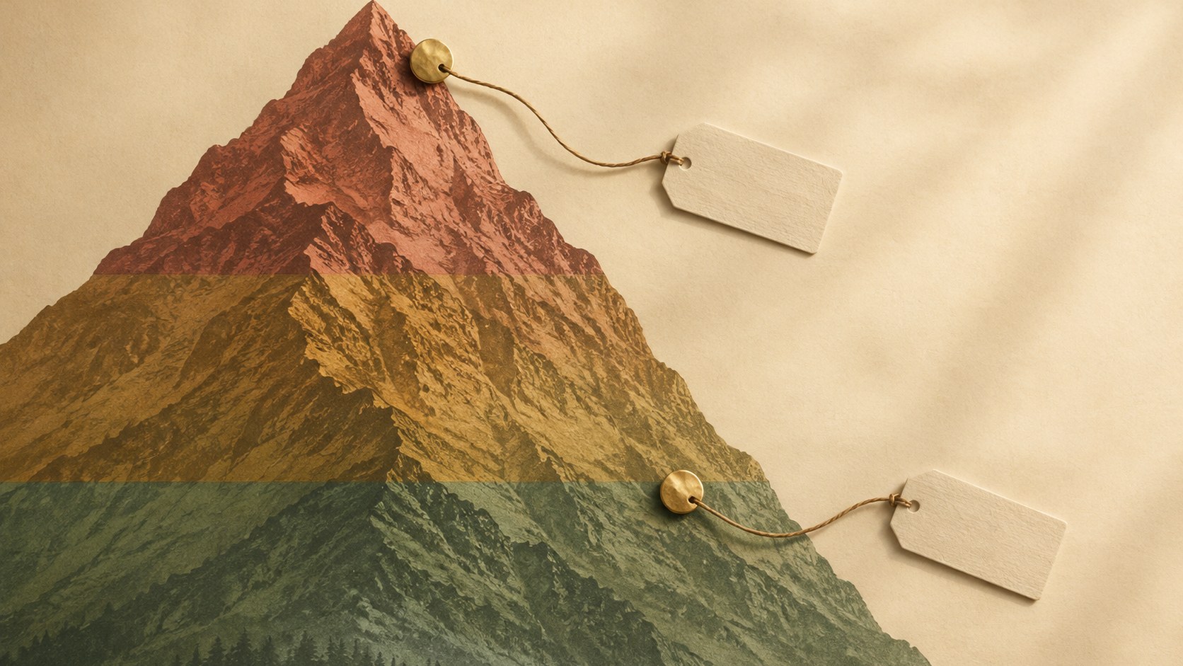 Editorial still life of a stylised mountain in three colour bands, rose at the ridge, brass in the middle and green below, with two brass marker pins at different heights