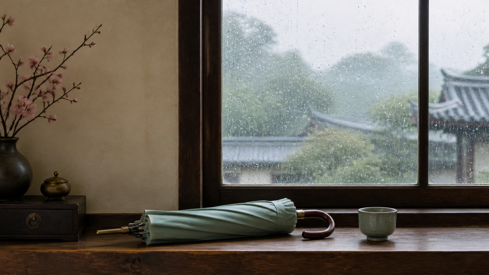 AI-generated editorial still life of a folded celadon umbrella and a small cup on a wooden ledge before a rain-beaded window