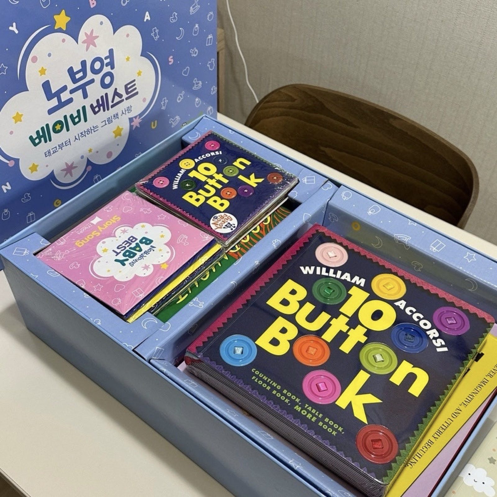 An opened box showing several small English picture books arranged inside