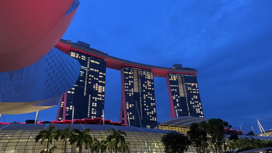 Marina Bay Sands under a deep blue evening sky