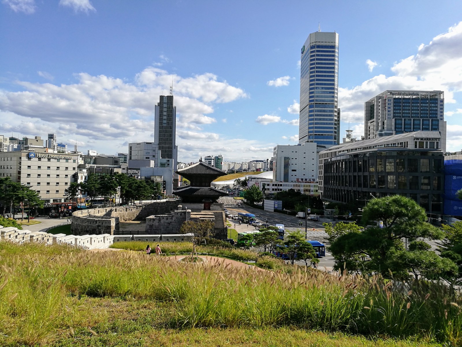 Heunginjimun gate in Seoul seen from the fortress-wall park, ringed by its curved stone wall with modern towers behind