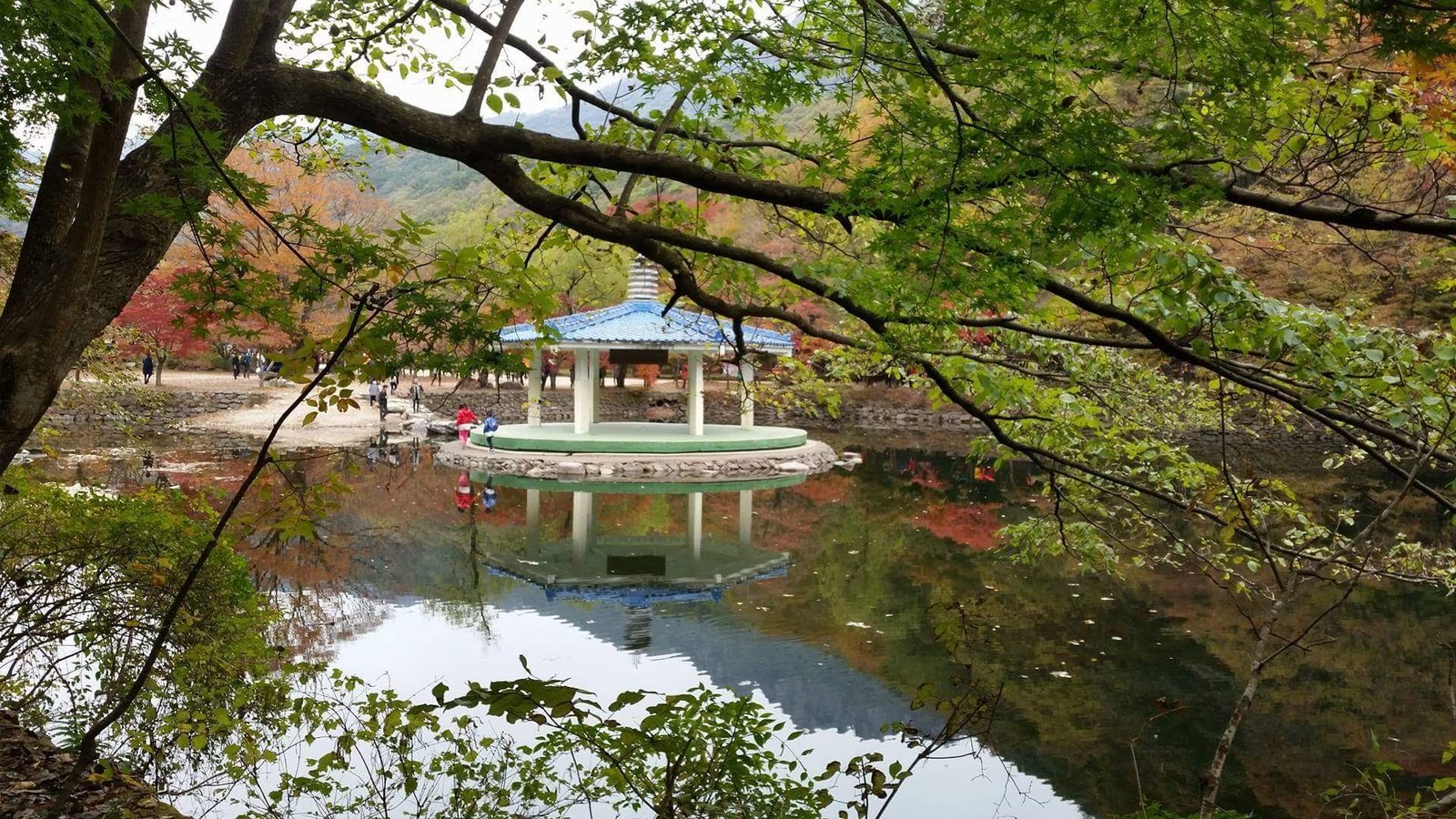 Pavilion with a blue tiled roof on a small island in a still pond, framed by fully green foreground branches with reddening hillsides behind